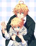  ahoge arm_grab blonde_hair blue_eyes bracelet glasses height_difference hug jewelry jyuru kurusu_shou male_focus multiple_boys necktie open_mouth school_uniform shinomiya_natsuki smile uta_no_prince-sama 