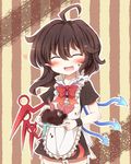  ahoge apron asymmetrical_wings bad_id bad_pixiv_id blush bow brown_hair censored censored_food chocolate closed_eyes food food_on_clothes food_on_face fuuen_(akagaminanoka) heart houjuu_nue open_mouth plate pointy_ears smile solo thighhighs touhou wings zettai_ryouiki 