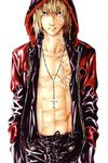  1boy abs black_pants blonde_hair cross death_note hands_in_pockets jacket jewelry leather looking_at_viewer male male_focus mello necklace open_clothes open_shirt pants red_jacket scar shirt simple_background solo white_background 