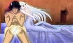  1girl ;d bed bol_(liliymimi) breasts caught couple emiya_kiritsugu fate/zero fate_(series) irisviel_von_einzbern large_breasts long_hair musical_note naked_sheet nude one_eye_closed open_mouth peeking_out red_eyes saber sitting smile under_covers white_hair wink 