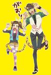 1girl animal_ears bad_id bad_pixiv_id bow braid brown_eyes brown_hair facial_hair fangs father_and_daughter hair_bow kaburagi_kaede kaburagi_t_kotetsu kemonomimi_mode necktie one_side_up paw_pose short_hair shorts side_ponytail simple_background standing standing_on_one_leg striped striped_legwear stubble tagu tail thighhighs tiger_&amp;_bunny tiger_ears tiger_tail vest waistcoat 