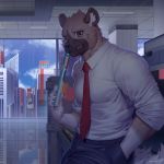  anthro city clothed clothing fur haida hyena inside looking_at_viewer male mammal muscular muscular_male necktie raccoon21 solo standing 