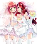  bouquet dress flower gloves green_eyes kurabayashi long_hair multiple_girls nanami_haruka red_eyes red_hair shibuya_tomochika thighhighs uta_no_prince-sama wedding_dress white_gloves white_legwear 