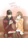  1girl aragaki_shinjirou beanie birthday blush brown_eyes brown_hair cake closed_eyes couch couple female_protagonist_(persona_3) food hair_ornament hat heart hetero persona persona_3 persona_3_portable sananan thighhighs trench_coat 