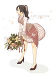  a~chan baby's-breath black_hair bouquet brown_eyes dress flower full_body happy_birthday high_heels leaning_forward lily_(flower) looking_at_viewer maru_(memoriatechnica) perfume ponytail shoes solo sparkle standing vest 