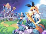  1girl alice_(wonderland) alice_in_wonderland animal_ears apron blonde_hair blue_eyes bow castle dakun dress flower hair_bow hammer long_hair queen_of_hearts striped striped_legwear thighhighs white_rabbit 