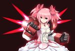  aura bow brown_background bubble_skirt choker clenched_hands collarbone dress fighting_stance fusion gundam gundam_age gundam_age-1 gundam_age-1_titus hair_bow kaname_madoka magical_girl mahou_shoujo_madoka_magica mecha_musume mechanical_arms nagi-kaze pink_hair red_eyes short_twintails simple_background skirt solo twintails 