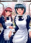  apron blue_hair brown_eyes cherry_blossoms cup curtsey long_hair maid_headdress multiple_girls open_mouth original red_eyes red_hair shingyouji_tatsuya short_hair smile tray tree 