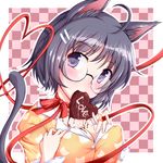  animal_ears black_hair blue_eyes breasts cat_ears chocolate cleavage glasses hanekawa_tsubasa heart heart_of_string maineko_ruru medium_breasts monogatari_(series) mouth_hold nisemonogatari pajamas short_hair tail valentine 