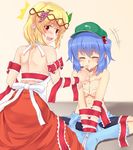  2girls aki_minoriko alternate_hairstyle apron back bare_shoulders bdsm bike_shorts blonde_hair blue_hair blush bondage bound breasts caught chocolate cleavage closed_eyes finger_sucking food fruit grapes hair_bobbles hair_ornament highres kawashiro_nitori large_breasts leaf looking_back multiple_girls red_eyes ribbon saemon_(tonpura) sitting topless touhou two_side_up valentine white_chocolate yuri 