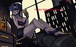  alcohol alex_ahad bare_shoulders blue_hair body_bag breasts chair cleavage collarbone crossed_legs cup drinking_glass happy_valentine high_heels highres lace large_breasts legs lipstick long_hair makeup red_eyes scar shoes shot_glass sitting skullgirls smile solo symbol-shaped_pupils thighs valentine valentine_(skullgirls) window 