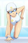  angry bracelet goggles goriate hand_on_hip jewelry kneeling kumashiro_maya looking_at_viewer one-piece_swimsuit pool scowl seikimatsu_occult_gakuin solo swim_cap swimsuit thighs wet 