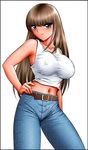  belt blue_eyes breasts brown_hair covered_nipples denim hand_on_hip jeans large_breasts long_hair looking_at_viewer midriff original pants shingyouji_tatsuya simple_background smile solo tank_top white_background 