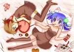  blue_eyes blue_hair brown_dress brown_eyes brown_hair brown_legwear candy cat_pillow chocolate cookie double_bun dress food heart heart_pillow minami_(colorful_palette) multiple_girls original pillow pocky satomi_airi short_hair smile strap_slip thighhighs twintails yamashiro_aoba zettai_ryouiki 