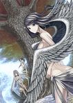  bad_id bad_pixiv_id black_hair blue_eyes brown_eyes dress hair_wings highres long_hair looking_back monster_girl multiple_girls original silver_hair smile tefec tree water wings 