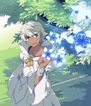  dark_skin dress earrings eterno flower gensou_suikoden gensou_suikoden_tsumugareshi_hyakunen_no_toki green_eyes jewelry leaf short_hair smile solo tree white_dress white_hair zephon_(suikoden) 