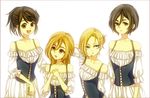  alternate_costume annie_leonhardt bare_shoulders black_hair blonde_hair brown_eyes brown_hair christa_renz dress food food_on_face green_eyes mikasa_ackerman multiple_girls noritamako sasha_braus shingeki_no_kyojin smile yellow_eyes 