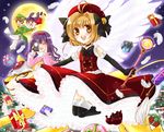  3girls black_gloves brown_eyes brown_hair camera cardcaptor_sakura daidouji_tomoyo dress elbow_gloves gift gloves hat highres hoshi_no_tsue kerberos kinomoto_sakura li_meiling li_xiaolang magical_girl moon multiple_girls nekoko_(mono96) red_hat short_hair thighhighs wand wings 