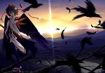  bad_id bad_pixiv_id bird black_hair black_legwear branch crossed_arms crow feathers geta hat kourindou_tengu_costume looking_at_viewer matsuyama_nozomu red_eyes shameimaru_aya short_hair smile solo sunlight sword thighhighs tokin_hat touhou weapon wings 