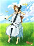  barefoot bird blue_eyes bracelet brown_hair cello chair chihiro_(sugarless) cloud day dress field grass happy hat instrument jewelry long_dress long_hair mugen_no_fantasia music nature one_eye_closed open_mouth playing_instrument sitting sky smile solo 