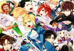  6+girls ahoge artoria_pendragon_(all) assassin_(fate/zero) berserker_(fate/zero) black_eyes black_hair blonde_hair blue_eyes blue_hair brown_eyes brown_hair carrot caster_(fate/zero) cigarette cross cross_necklace dragon_quest emiya_kiritsugu everyone fate/zero fate_(series) flag food gilgamesh green_eyes gum_(gmng) hisau_maiya illyasviel_von_einzbern irisviel_von_einzbern jewelry kayneth_el-melloi_archibald kotomine_kirei lancer_(fate/zero) mapo_doufu mask matou_kariya mercury metal_slime middle_finger mother_and_daughter multiple_boys multiple_girls necklace one_eye_closed parody photo_(object) red_eyes red_hair rider_(fate/zero) saber slime sola-ui_nuada-re_sophia-ri spring_onion toosaka_tokiomi uryuu_ryuunosuke volumen_hydragyrum waver_velvet white_hair yellow_eyes 