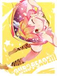  alternate_costume animal_print ass blonde_hair brown_eyes butt_crack character_name cure_peace double_v eyelashes from_above full_body hair_flaps kise_yayoi kneehighs long_hair midriff natsumi_akira one_eye_closed perspective precure smile_precure! solo tiger_print v wide_ponytail yellow yellow_background 