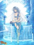  anklet armlet bare_legs barefoot beads bikini blue facial_mark flower fountain gourd jewelry long_hair mugen_no_fantasia necklace non-web_source pillar silver_hair skirt solo suzusato_youshi swimsuit tattoo tree very_long_hair wading water 