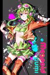  boots breasts gloves goggles goggles_on_head green_eyes green_hair gumi headphones highres ink jacket looking_at_viewer medium_breasts megpoid_(vocaloid3) microphone microphone_stand midriff navel nou short_hair short_hair_with_long_locks sidelocks skirt smile solo suspenders thigh_boots thigh_strap thighhighs underboob vintage_microphone vocaloid zettai_ryouiki 