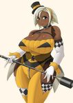  1girl absurdres aqua_eyes bare_shoulders breasts cleavage curvy dark_skin elbow_gloves female gloves hat highres hips huge_breasts renges simple_background solo standing white_background white_hair wide_hips 