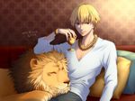  blonde_hair bracelet casual couch fate/zero fate_(series) gilgamesh goblet jewelry kayu lion male_focus necklace pillow red_eyes 