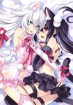  :p absurdres animal_ears aqua_eyes bare_shoulders bell bell_collar black_hair black_heart black_legwear cat_ears cat_tail collar detached_sleeves dual_persona garter_straps highres lace lace-trimmed_thighhighs lingerie long_hair lying miniskirt multiple_girls navel negligee neptune_(series) noire official_art on_side open_mouth red_eyes ribbon see-through selfcest silver_hair skirt sleeves_past_wrists tail tail_ribbon tears thighhighs tongue tongue_out tsunako twintails underwear white_hair white_legwear yuri 