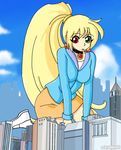  blonde_hair blue_shirt building buildings cloud clouds earrings giantess green_eye green_eyes jewelry kneeling long_hair looking_down necklace orange_skirt ponytail red_eye red_eyes shirt skirt sky very_long_hair white_shoes 