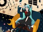  :&lt; animal_ears aqua_eyes aqua_hair bespectacled bitte cat_ears cat_tail couch dress glasses hatsune_miku long_hair pantyhose sitting solo tail twintails very_long_hair vocaloid 