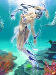  ankle_cuffs anklet aoyama_hitsuji barefoot bikini blue_hair bracelet coral cuffs fins fish freediving glowing jewelry long_hair mugen_no_fantasia nature non-web_source ocean rock solo swimming swimsuit tied_hair underwater water 
