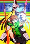  brown_eyes brown_hair card fighting_stance glasses jacket multiple_girls naginata nakano_haito persona persona_4 persona_eyes pleated_skirt polearm satonaka_chie school_uniform short_hair skirt suzuka_gongen tarot tomoe_(persona_4) track_jacket weapon 