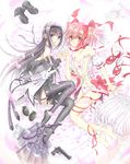  akemi_homura blush bra explosive grenade gun hurricane_rinrin kaname_madoka lingerie long_hair looking_at_viewer mahou_shoujo_madoka_magica multiple_girls panties pink_eyes pink_hair purple_eyes ribbon shoes_removed skirt skirt_removed smile thighhighs underwear very_long_hair weapon 