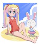  barefoot blonde_hair blue_eyes blush child cloud flat_chest legs lowres mesousa one-piece_swimsuit one_piece_swimsuit pani_poni_dash! rebecca_miyamoto sitting swimsuit twintails 