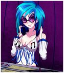  blue_hair breasts cleavage clothed clothing eyewear female friendship_is_magic hair headphones human humanized kittenseitz looking_at_viewer mammal musical_note my_little_pony not_furry red_eyes skimpy solo sunglasses vinyl_scratch_(mlp) 