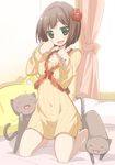  :3 :d arata_toshihira barefoot bed bed_sheet blush brown_hair cat curtains fang flower green_eyes hair_flower hair_ornament idolmaster idolmaster_cinderella_girls indoors kneeling looking_at_viewer maekawa_miku naked_sweater navel on_bed open_mouth paw_pose pillow red_flower red_rose ribbed_sweater rose short_hair smile solo sweater wall window 