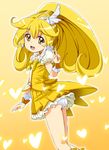  ass blonde_hair bow choker cure_peace hair_flaps homing_(areya) kise_yayoi long_hair looking_back magical_girl panties pantyshot ponytail precure skirt smile_precure! solo underwear v wide_ponytail wind wind_lift yellow yellow_background yellow_bow yellow_choker yellow_eyes yellow_skirt 