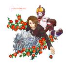  armor brown_hair dog_tags flower inui_takumi kamen_rider kamen_rider_555 kamen_rider_faiz male_focus monster multiple_persona white_background wolf_orphnoch 