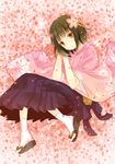  1girl axis_powers_hetalia black_hair brown_hair cherry_blossom cherry_blossoms female flower footwear genderswap gold_eyes hair_flower hair_ornament izumi_minami japan_(hetalia) japanese_clothes laying_down lying male short_hair smile socks solo traditional_clothes yellow_eyes 