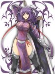  ao_no_kiseki black_legwear breasts eiyuu_densetsu gauntlets gloves huge_weapon large_breasts long_hair purple purple_eyes purple_hair rixia_mao smile solo sword tabard thighhighs weapon yashiro_(silver_will) 