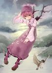  bird eurasian_tree_sparrow frilled_sleeves frills hat ko-g mystia_lorelei nature pantyhose pink_hair shoes short_hair sky solo sparrow touhou wide_sleeves winged_shoes wings 