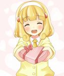  aiba_kou blonde_hair blush box cardigan closed_eyes hairband heart heart-shaped_box kise_yayoi long_hair open_mouth outstretched_arm precure school_uniform smile smile_precure! solo sweater valentine white_hairband yellow_eyes 