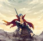  bandages blue_hair cape cloud kamina male_focus red_eyes sandals sarashi shirtless sitting sky smirk solo sword tattoo tengen_toppa_gurren_lagann weapon zukki_(suzukio) 