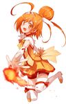  ahoge bike_shorts boots bow bowtie choker cure_sunny earrings eyelashes fireball foreshortening full_body hair_bun head_wings hino_akane_(smile_precure!) jewelry koto_(colorcube) magical_girl open_mouth orange_(color) orange_choker orange_eyes orange_hair orange_neckwear orange_skirt outstretched_hand precure red_shorts short_hair shorts shorts_under_skirt simple_background skirt smile_precure! solo thigh_boots thighhighs tiara white_background white_legwear 