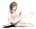  arm_support bad_id bad_pixiv_id beamed_sixteenth_notes bracelet brown_eyes brown_hair digital_media_player eighth_note eighth_rest headphones ipod jewelry long_hair musical_note no_shoes off_shoulder original panties ponytail red_panties shadow simple_background sitting sixteenth_rest skirt smile solo striped striped_legwear text_focus thighhighs underwear white_background yae_(mono110) 