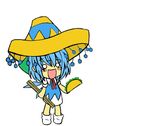  :d artist_request blue_hair blush_stickers chibi cirno fairy flat_color hat mexican mexico open_mouth short_hair simple_background smile solo sombrero stick taco touhou white_background 