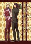  barnaby_brooks_jr beard blonde_hair bouquet brown_hair checkered facial_hair flower formal gift glasses green_eyes kaburagi_t_kotetsu male male_focus red_outfit red_suit short_hair suit tiger_&amp;_bunny 
